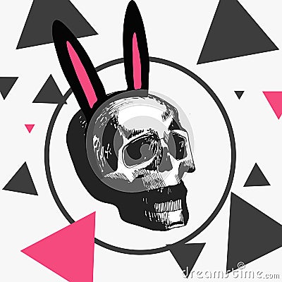 Macabre skull with a hoop with pink ears, different triangles Vector Illustration
