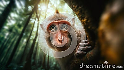 Macaca fuscata Curious monkey in the primeval forest, Realistic AI generated Illustration Cartoon Illustration