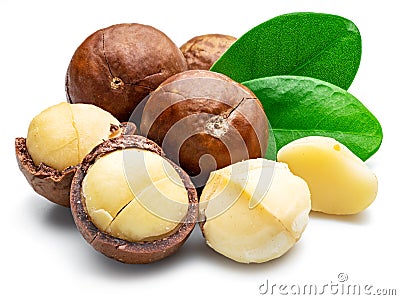 Macadamia nuts with peeled macadamia and leaves isolated on a white background Stock Photo