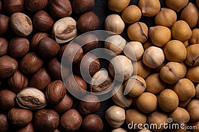 Macadamia nuts in shell background. Generate ai Stock Photo