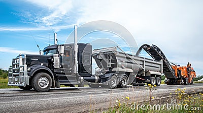 Macamic, Quebec, Canada, 2023-08-21 : Black semi trailer with a orange planer working on a road construction site Editorial Stock Photo