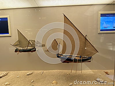 Macao China Old Antique Ancient Heritage Portuguese Enviada Canoe of Picada Vessel Boat Miniature Ship Model Macau Maritime Museum Editorial Stock Photo