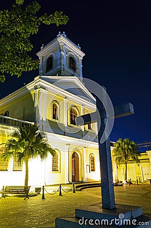 Night exterior view of the Our Lady of Carmel Church Editorial Stock Photo