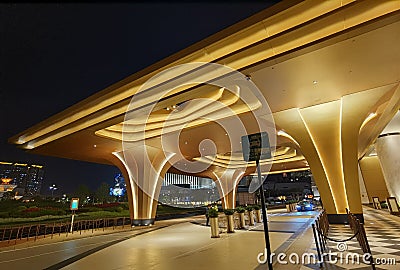 Cotai Macao Galaxy Resort Macau Raffles Hotel Lobby Entrance Architectural Lighting led Lights VIP Car Track Luxury Lifestyle Editorial Stock Photo