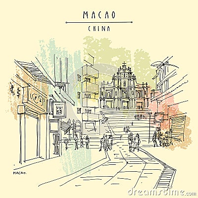 Macao Macau, China, Asia. View of the ruins of St. Paul`s Cathedral and people in the walking street. Shopping area. Travel Vector Illustration