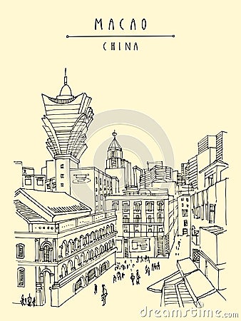 Vector Macao postcard. Upper view of old town. Macau Macao, China, Asia is a gambling capital. Traditional Portuguese buildings Vector Illustration