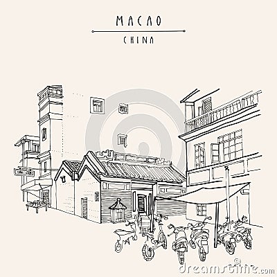 Vector Macao postcard. Chinese Kuan Tai Sam Kai Vui Kun temple. Old town historical center. Macau Macao, China, Asia. Artistic Vector Illustration