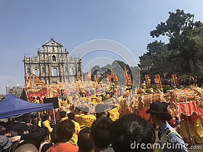 Portuguese Cathedral Macao Ruins of St. Paul Lucky Good Fortune Golden Dragon Parade Lion Dance Macau Chinese New Year Celebration Editorial Stock Photo