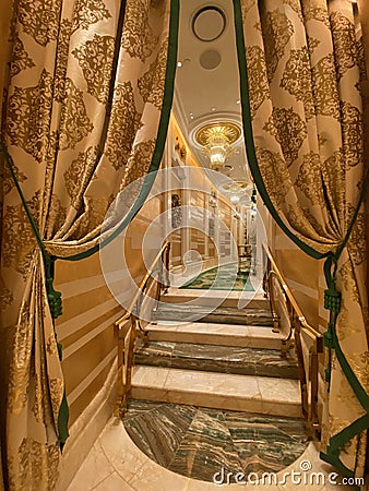 Macao Wing Lei Palace Dim Sum Restaurant Curtain Drapes Fabric Macau Cotai Wynn Palace Hotel Resort Interior Design Art Deco Style Editorial Stock Photo