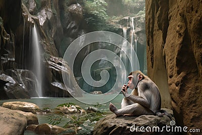 macaque using a smartphone and headphones near a waterfall Stock Photo