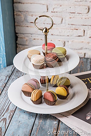 Macaron afternoon tea tray Stock Photo