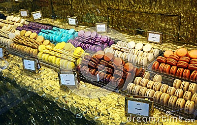 Macaron cookies in window of LadurÃ©e store, London Editorial Stock Photo