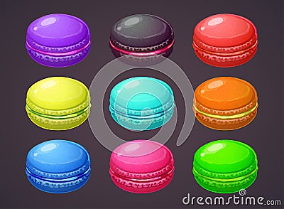 Macaron illustration. Cartoon colorful macaroons set. Vector meringue cookies icons. Vector Illustration