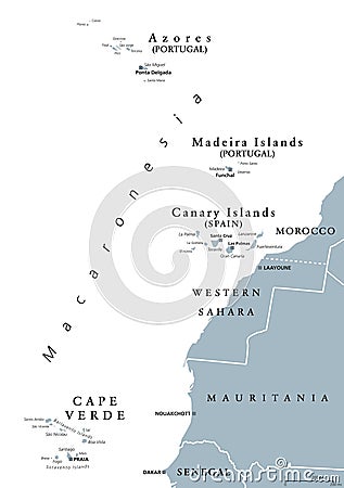 Macaronesia, gray map, Azores, Cape Verde, Madeira, Canary Islands Vector Illustration