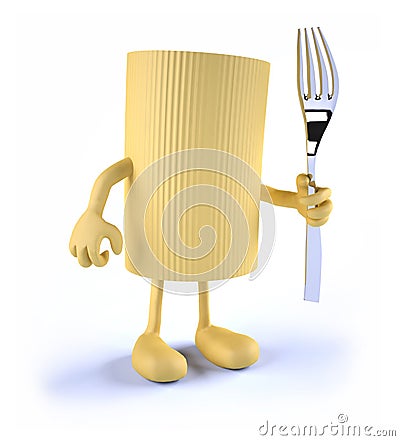 Macaroni pasta with arms, legs and fork on hand Cartoon Illustration