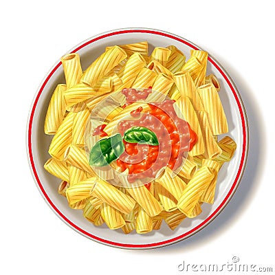 Macaroni plate with tomato sauce and basil, viewed from top. Cartoon Illustration