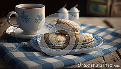 Macarons are arranged on a blue and white checkered tablecloth, with a cup of coffee on a saucer in the background. Generative AI Stock Photo