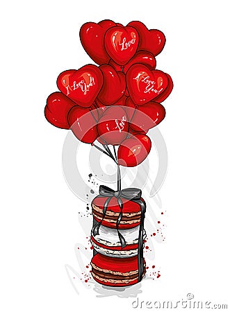 Macarons with heart-shaped balloons. Dessert. Vector illustration for greeting card or poster. Love, friendship, Valentine`s Day. Vector Illustration