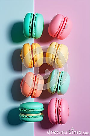 Macarons in a rainbow of colors arranged in a unique formation Stock Photo