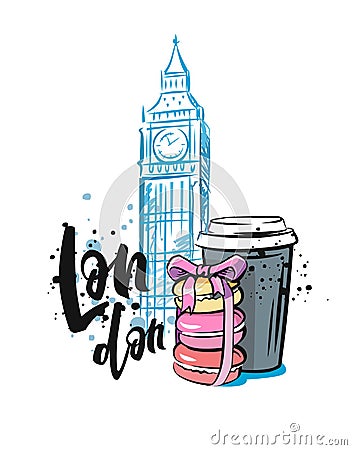 Macaroon and Coffee in London Vector Illustration