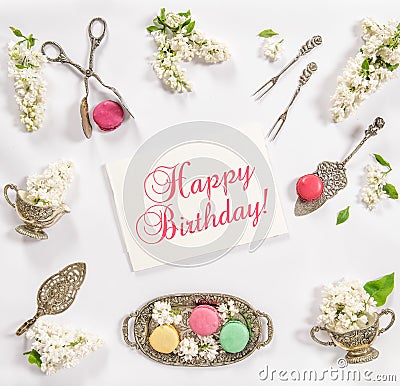 Macaroon french cookies, vintage dishes Happy Birthday Stock Photo
