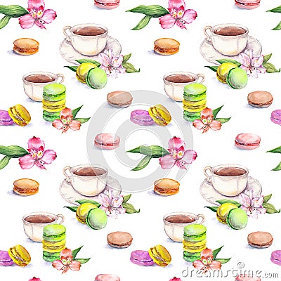 Macaroons cakes, tea cup and flowers. Beautiful teatime pattern. Seamless watercolor Stock Photo
