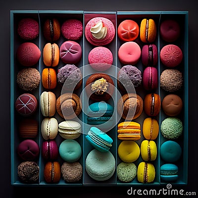 Macaroons, colors, a french patisserie in an open box, knolling - Generative AI Stock Photo
