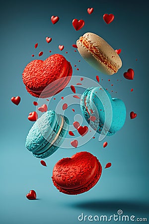 Macaroons hearts flying over blue background. Valentines day. Generative AI Stock Photo