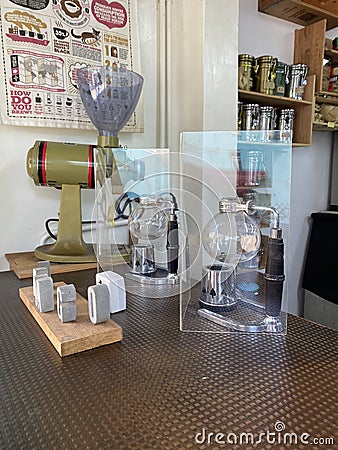 Macau Cafe Old Taipa Village Vacuum Coffee Maker Fresh Brews Glass Chambers Vapor Pressure Gravity Produce Vac Pot Siphon Syphon Editorial Stock Photo