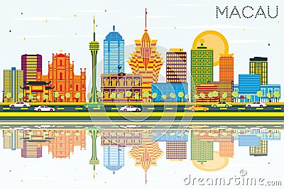 Macau China City Skyline with Color Buildings, Blue Sky and Reflections. Stock Photo