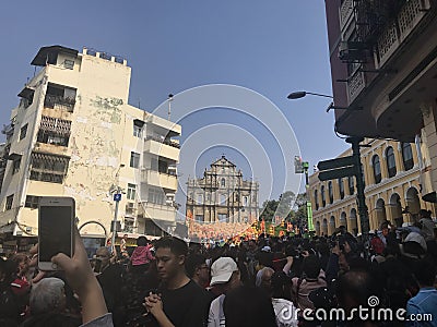 Portuguese Cathedral Architecture Macau China Macao Chinese New Year Golden Dragon Parade Dance Ruins of St. Paul Church Facade Editorial Stock Photo