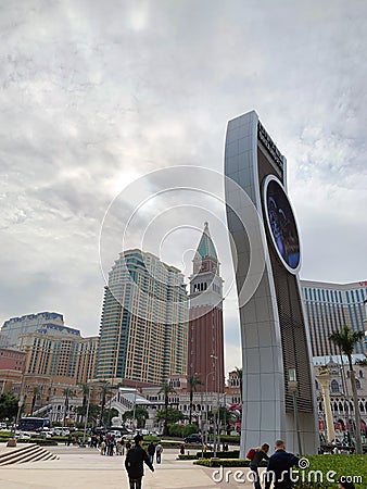 Macau, China: Macao cloudy cityscape. Venetian Macao Resort Hotel and City Of Dreams Editorial Stock Photo