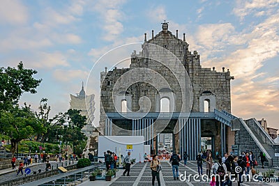 Tourists in the popular landmarks of Macau - Ruins of Saint Paul`s Church Editorial Stock Photo