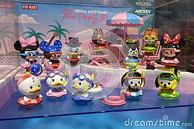 Macau Galaxy Hotel PopMart Pop Up Toy Store Mickey Mouse Donald Duck Scuba Diving Dolls Figures Models Miniature Collectible Editorial Stock Photo