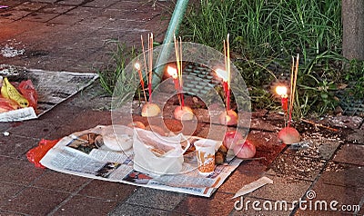 Macau Ghost Festival Street Altar Offerings Food Wine Candle Fruits Incense Money Gate of Hell Opens Macao Cultural Heritage Editorial Stock Photo