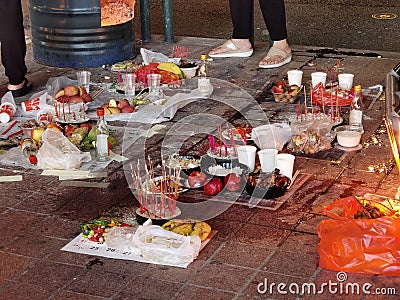 Macau Ghost Festival Street Altar Offerings Food Wine Candle Fruits Incense Money Gate of Hell Opens Macao Cultural Heritage Editorial Stock Photo