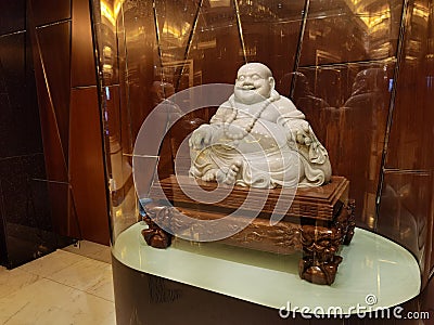 Macau Grand Lisboa Hotel Lobby Antique Collection Laughing Buddha Sculpture White Jade Craftings Macao Treasure Museum Arts Crafts Editorial Stock Photo