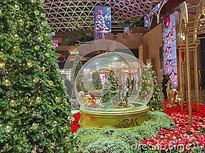 Macau MGM Cotai Christmas Tree Decorations Crystal Ball Nutcracker Macao Xmas Flower Nature Interior Design Colorful Indoor Editorial Stock Photo