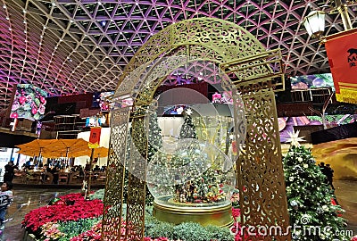 Macau MGM Cotai Christmas Tree Decorations Crystal Ball Nutcracker Macao Xmas Flower Nature Interior Design Colorful Indoor Editorial Stock Photo