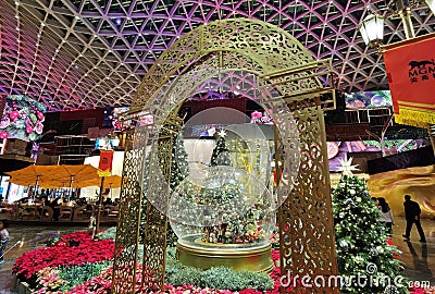 Macau MGM Cotai Christmas Tree Decorations Crystal Ball Nutcracker Macao Xmas Flower Nature Interior Design Colorful Indoor Editorial Stock Photo