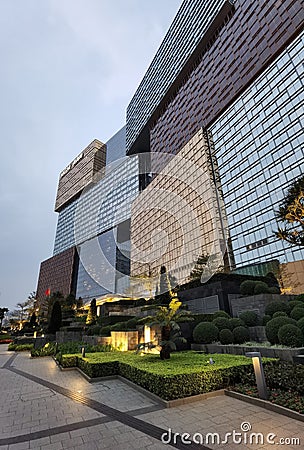 Macau MGM Cotai Hotel Casino Architecture Design Structure Exterior Gold Silver Modern Contemporary Garden Landscape Nature Editorial Stock Photo