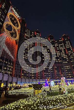 Macau Studio City Hotel Outdoor Garden Macao Christmas Lighting Decorations Leds Lighting Architecture Illuminated Stock Photo