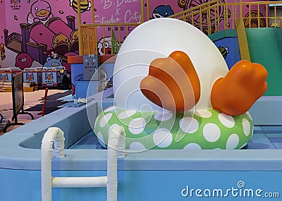 Macau Studio City Hotel Waterpark B. Duck Figure Cartoon Props Yellow Duckling Icon Entertainment Mascot Interior Design Editorial Stock Photo