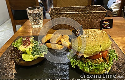 Macau Vegetarian Food Veggie Castle Green Giant Burger Broccoli Peas Quinoa Lettuce Tomato Tempeh Sprout Spinach Vegan Health Meal Editorial Stock Photo