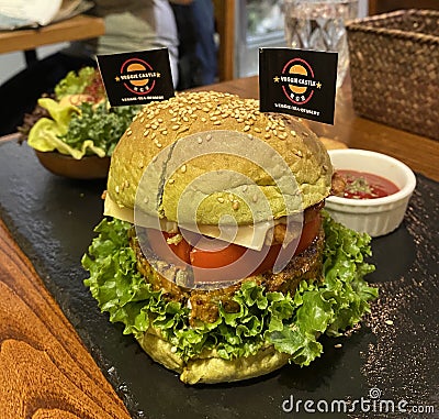 Macau Vegetarian Food Veggie Castle Green Giant Burger Broccoli Peas Quinoa Lettuce Tomato Tempeh Sprout Spinach Vegan Health Meal Editorial Stock Photo