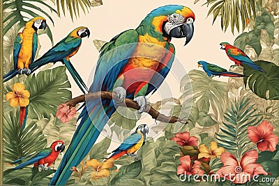 Macaw illustration in tropical rain forest Cartoon Illustration