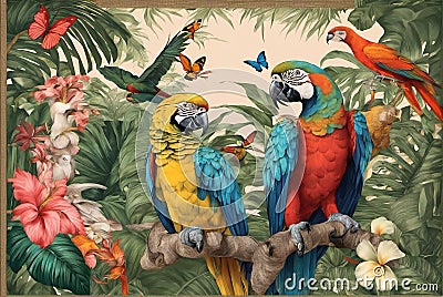 Macaw illustration in tropical rain forest Cartoon Illustration