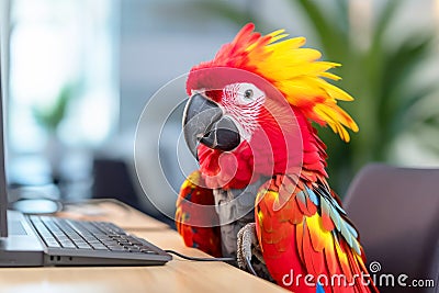 A macaw parrot sits in the office at a laptop Stock Photo