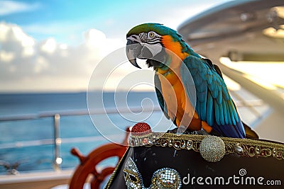 macaw perched on an embellished pirate hat on boat deck Stock Photo