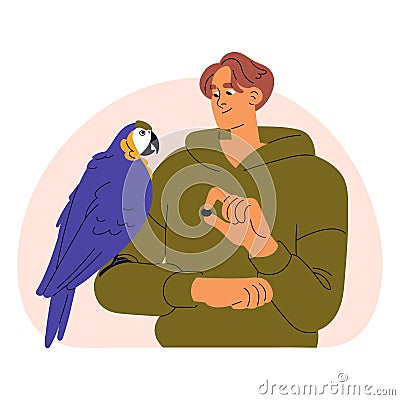 Macaw sits on his owner hand. Young man feeds ara, plays with pet bird in petting zoo. Guy training talking parrot Vector Illustration